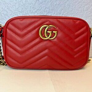 Gucci GG Marmont Matelasse Mini Shoulder Bag Red Calfskin 100% Authentic